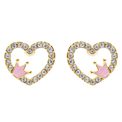 Sparkle Heart Shape with Crown Fashion Medium Stud Earrings Valentine Love Gold